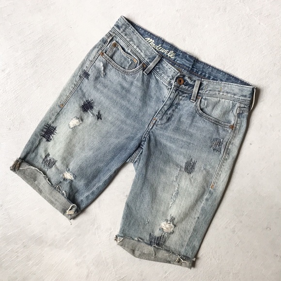Madewell Mid-Rise Distressed Denim Bermuda Shorts - Picture 1 of 8